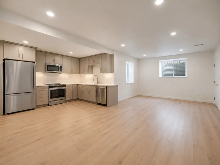 Open basement family room and kitchen with taupe shaker cabinets, stainless appliances, and light wood-look flooring