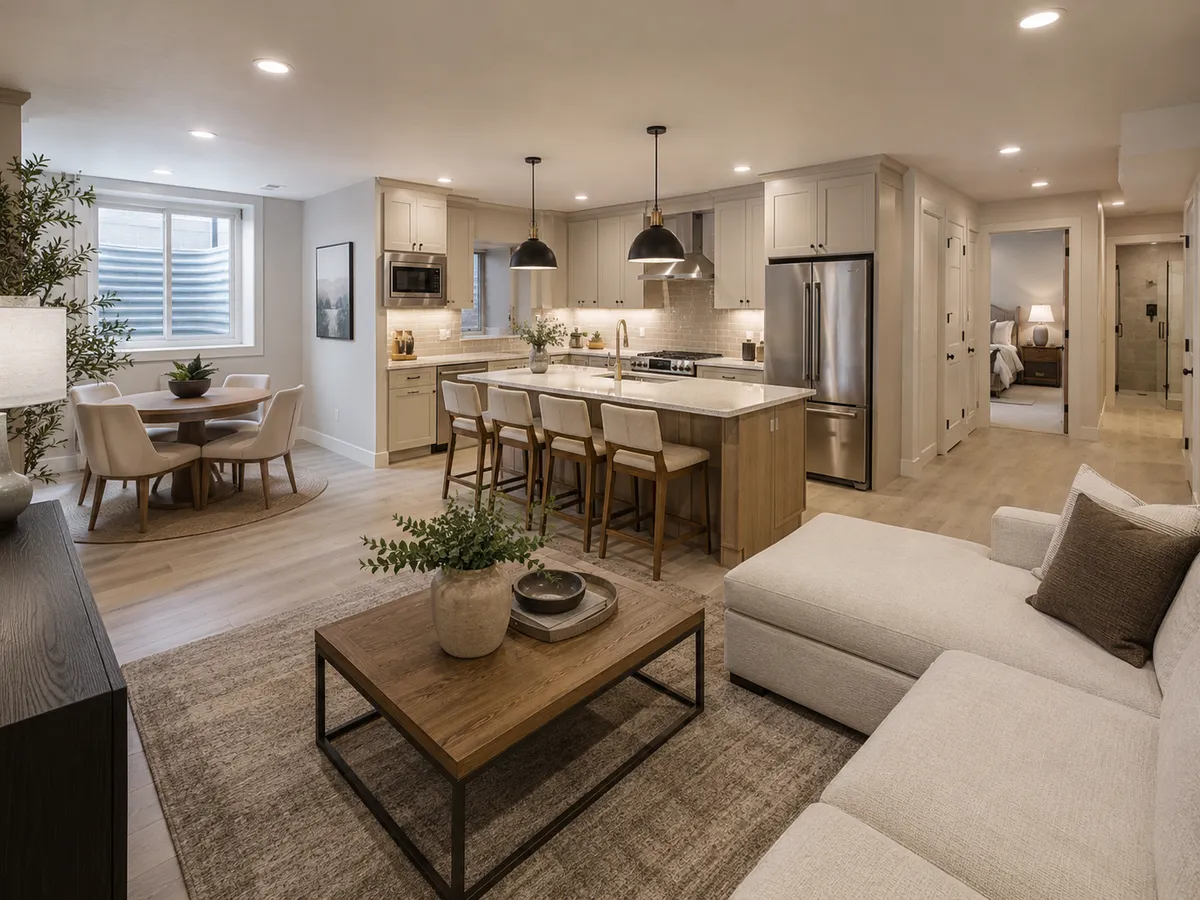 The same basement finished with a kitchen, island, and furnished family room