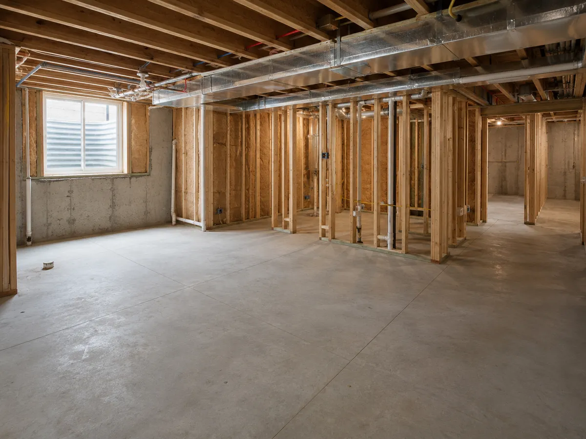 Unfinished basement with exposed framing, ductwork, and concrete floor